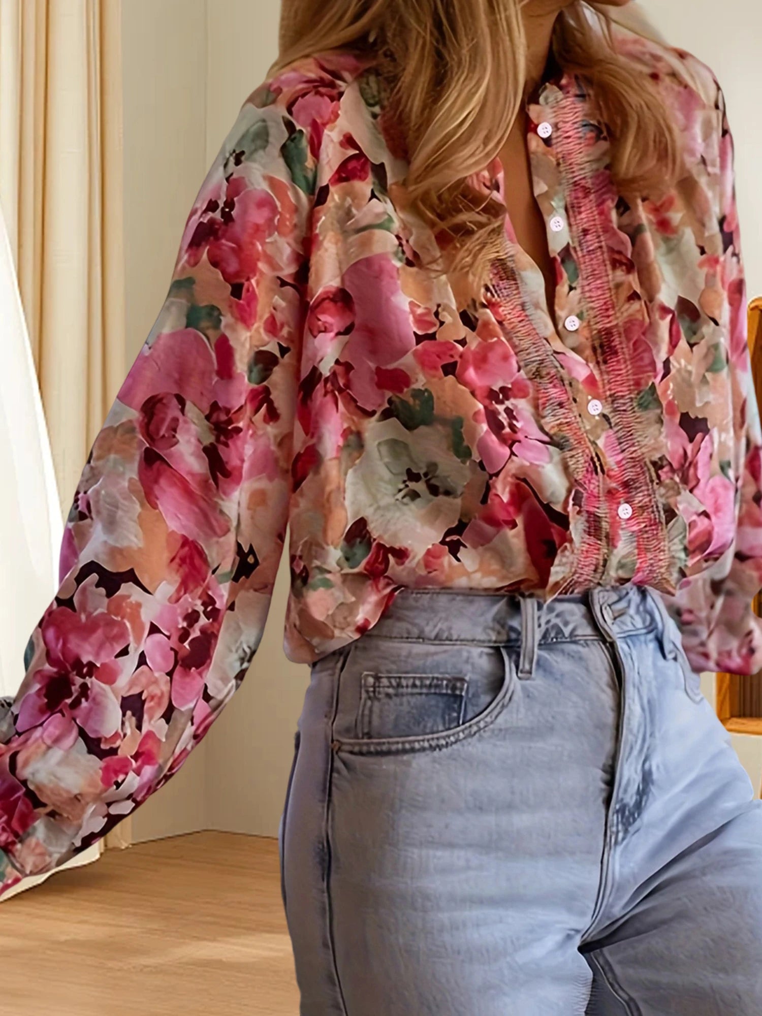 Floral Ruffle Button Blouse